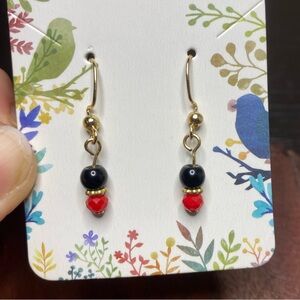 OOAK Dainty Handmade Red, Black, and Gold Tone Earrings